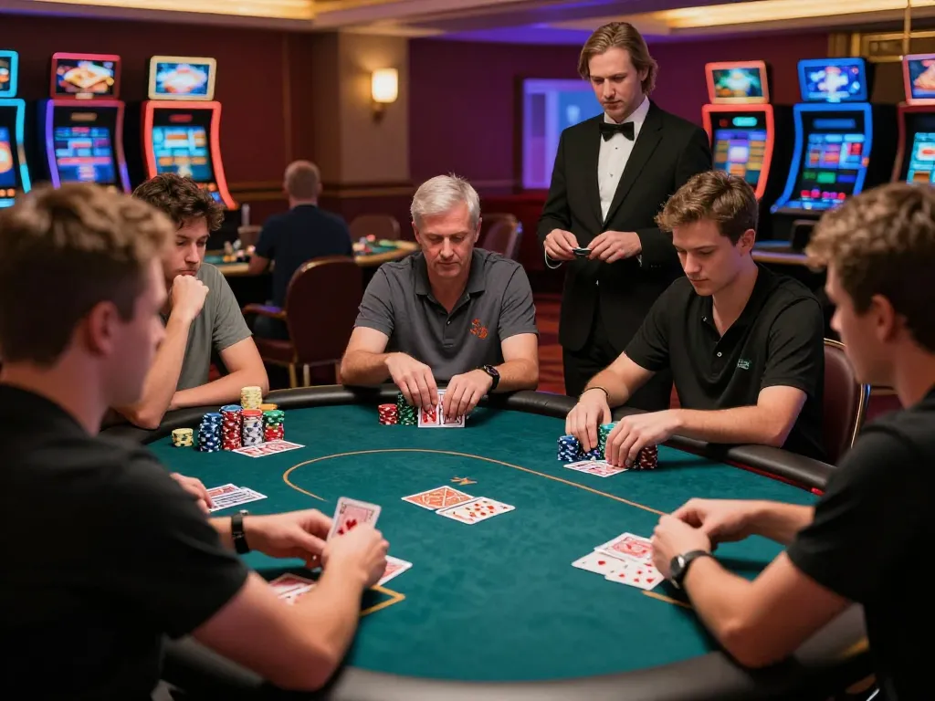 Players engaging intensely around a poker table at maxpoker88 casino, focusing on cards and strategy.