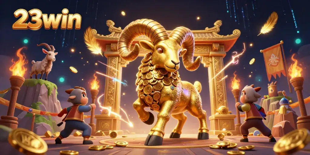 Experience the thrill of 23win with a vibrant 3D illustration featuring a golden ram charging through a dramatic casino arena.