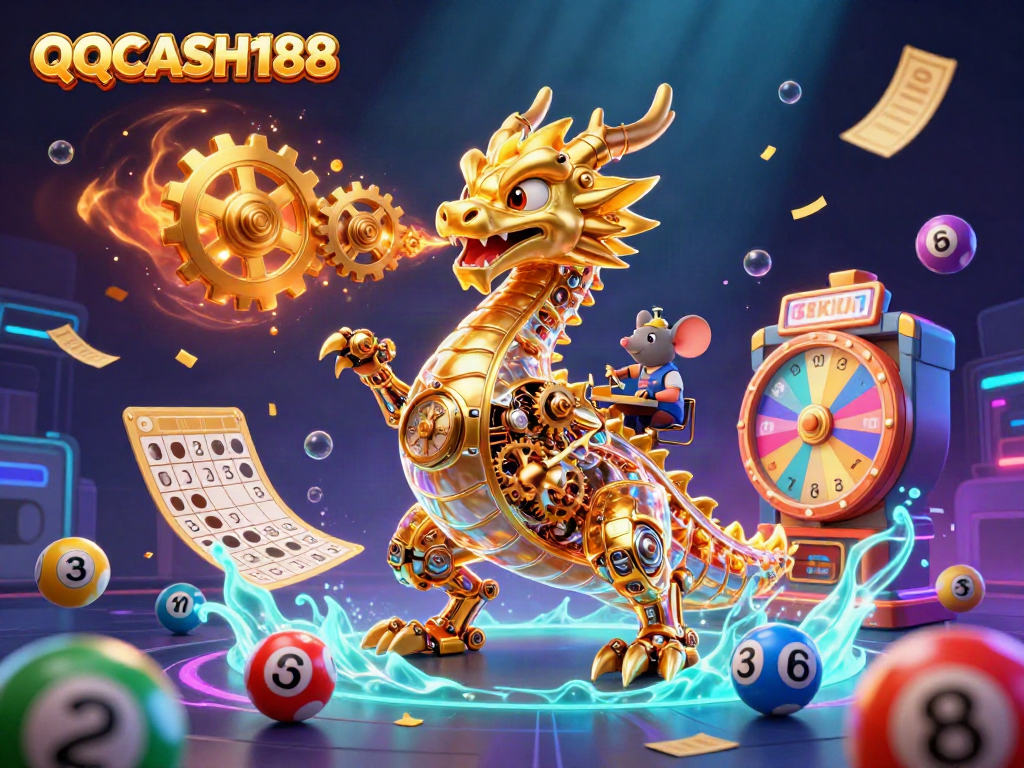 Experience the thrill of QQCASH188 with a dynamic 3D scene showcasing a golden dragon and lottery elements.