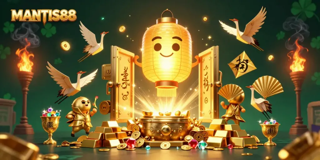 MANTIS88 offers a vibrant casino experience with golden characters and treasure elements, enhancing gameplay excitement.