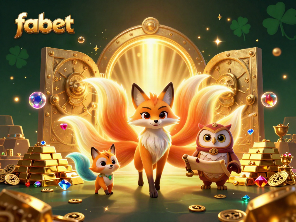 Experience the vibrant thrills of fabet with a colorful nine-tailed fox and treasures in this casino-themed illustration.