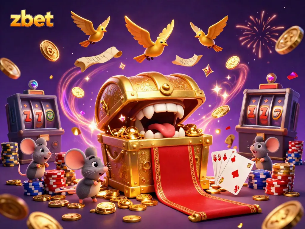 Engaging zbet casino adventure with treasure chest, floating coins, and celebrating characters.