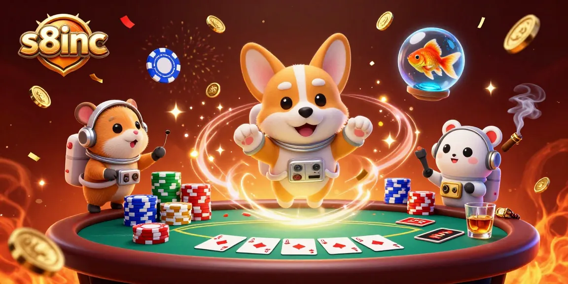Engage with S8inc's vibrant casino scene, featuring a corgi astronaut surrounded by floating poker chips and festive elements.
