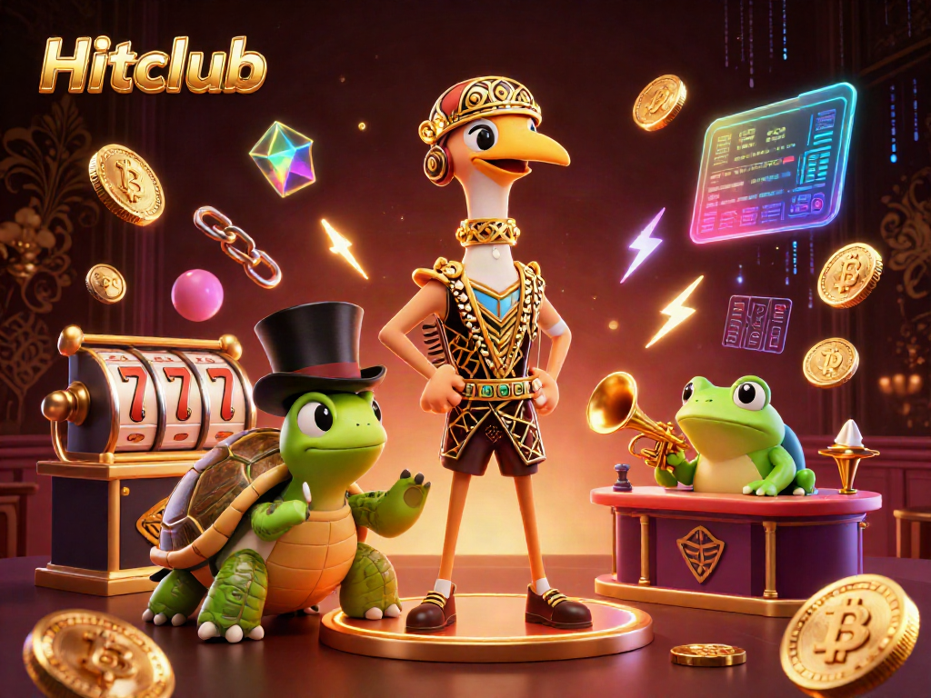 Experience excitement at Hitclub with lively characters celebrating casino games in a dynamic illustration.