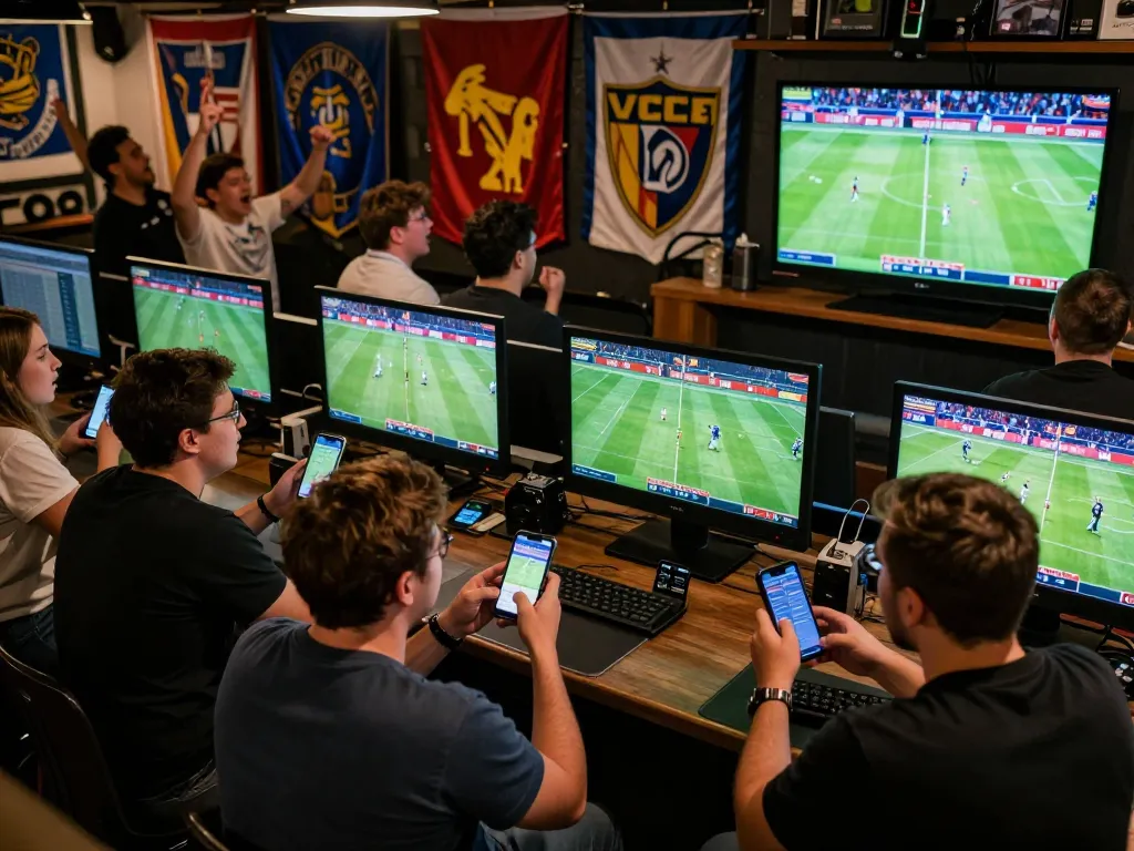 Excited sports gamblers engaging in live betting at the trang chủ 78win during a football match, capturing the vibrant atmosphere.