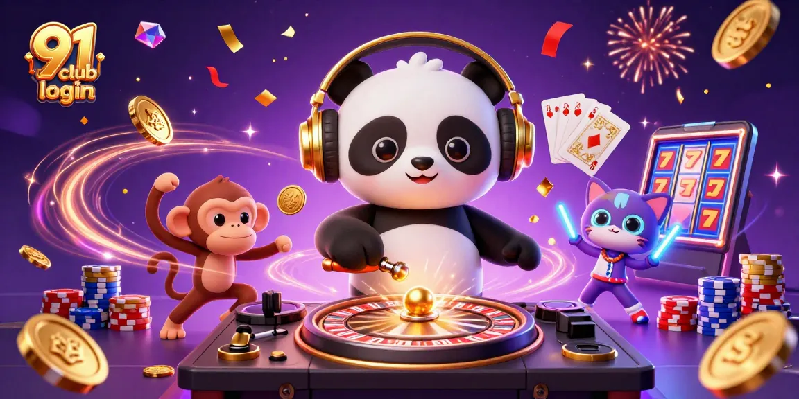 Engage in 91 club login with a vibrant 3D illustration showcasing a DJ panda, monkey, and kitten amidst dynamic casino elements.