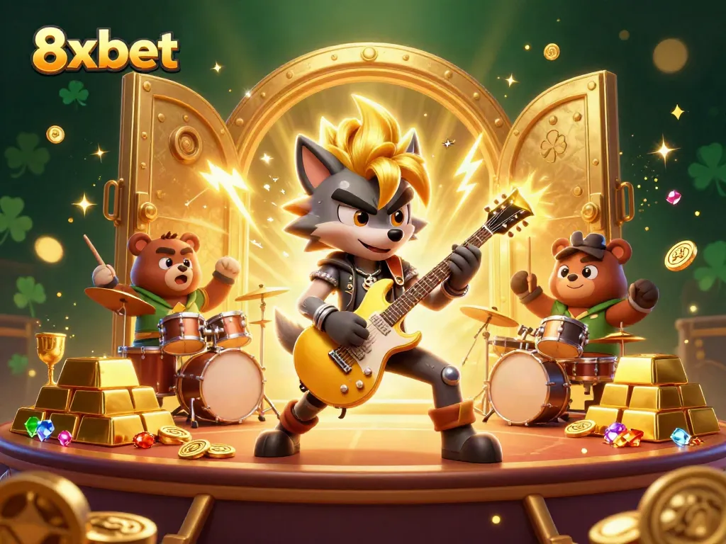 Catch the thrilling action at 8xbet as the cartoon rock star wolf performs among dazzling jewels and golden riches.