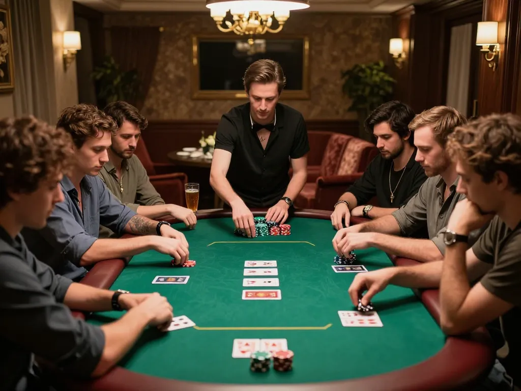 RR88 players engaging in a high-stakes poker game in an upscale setting with intense focus and strategy.