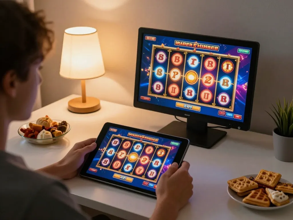 Experience the thrill of virtual slots with vegasslot77 in a cozy home setting, vibrant game graphics visible.