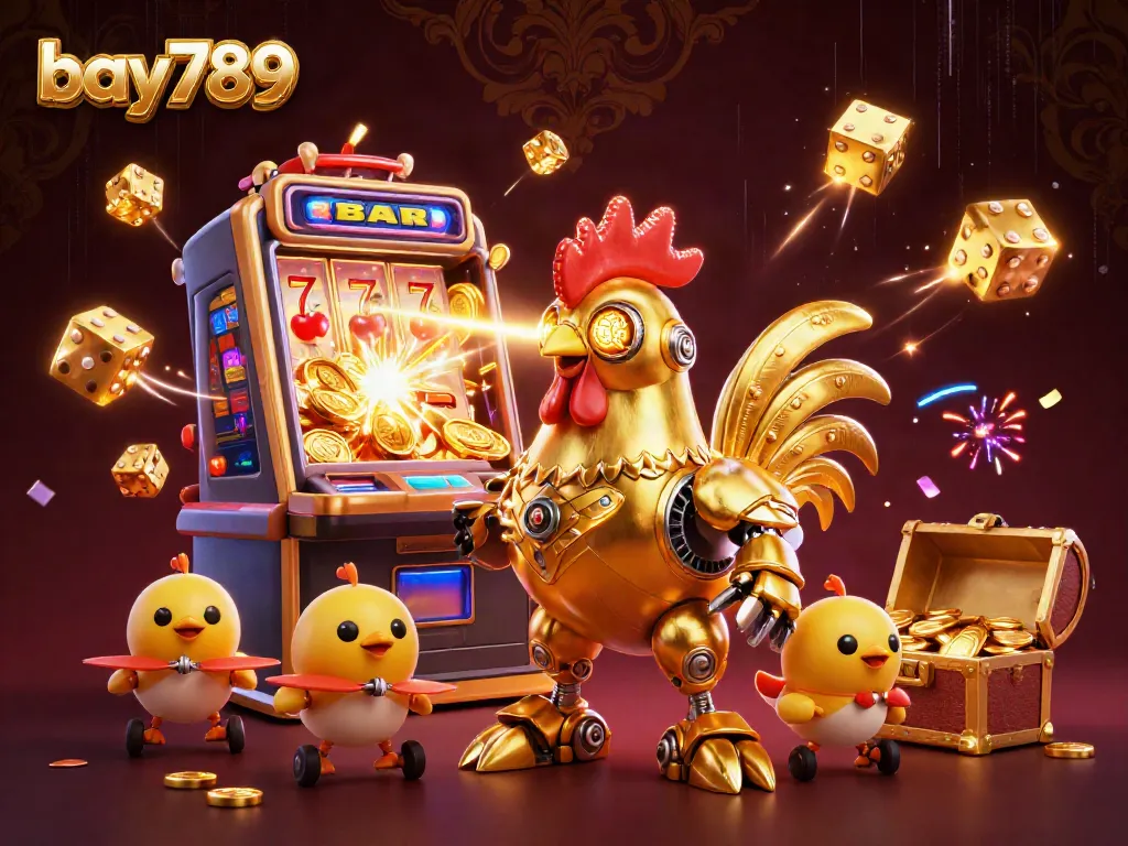 Engage in thrilling slot action with bay789's animated golden rooster and baby chick drones.