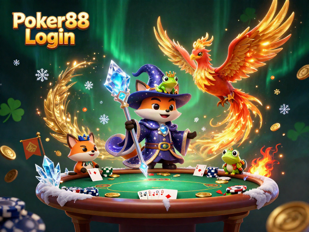 Experience excitement with Poker88 Login, a mystical wizard fox and phoenix in a vibrant poker scene.