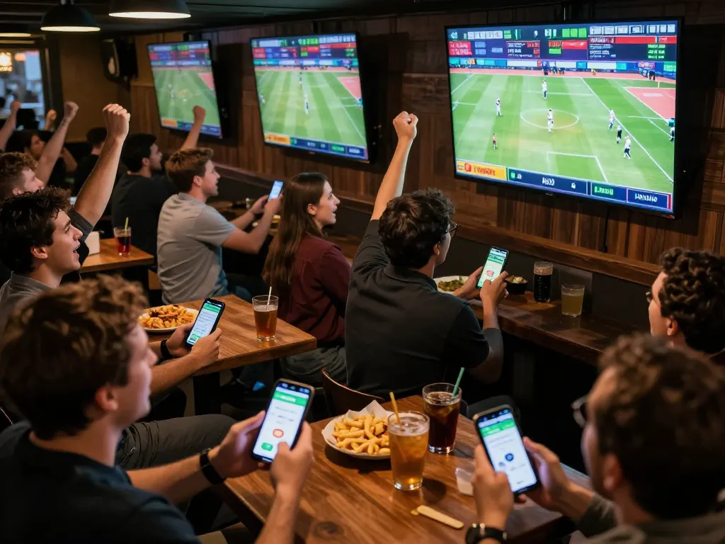 Sports bettors analyzing odds on nhandinhkeonhacai app while enjoying the thrilling atmosphere of a sports bar.