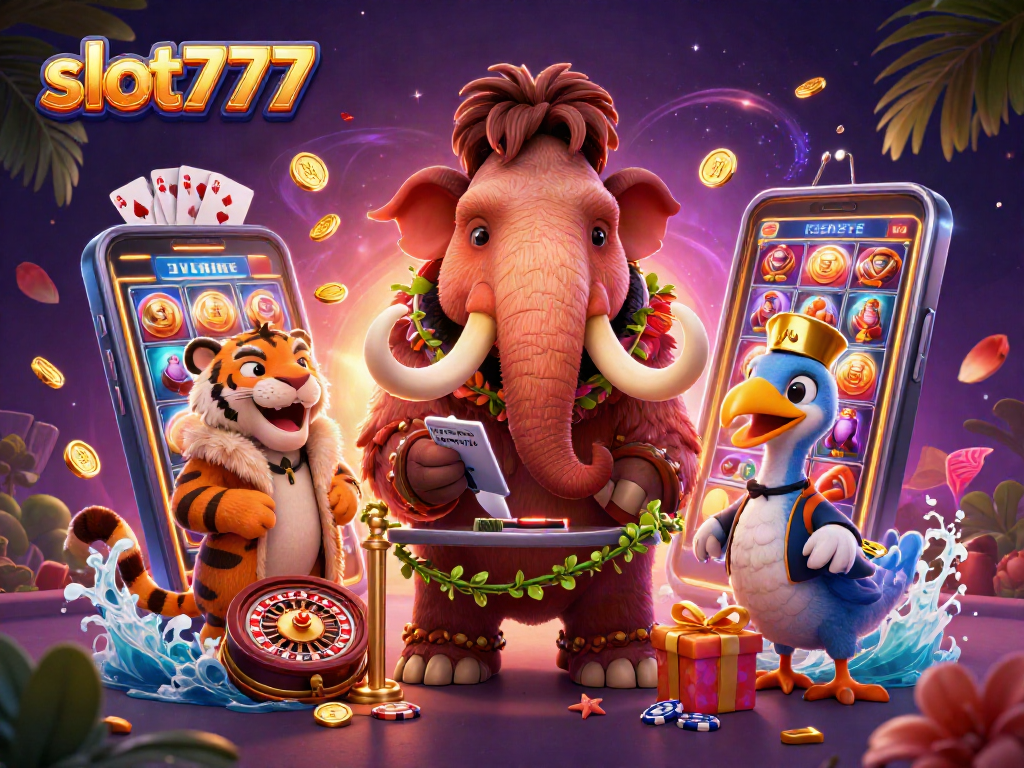 Slot777 menampilkan bouncer mammoth kasino dan tamu VIP di lingkungan perjudian yang kaya detail.