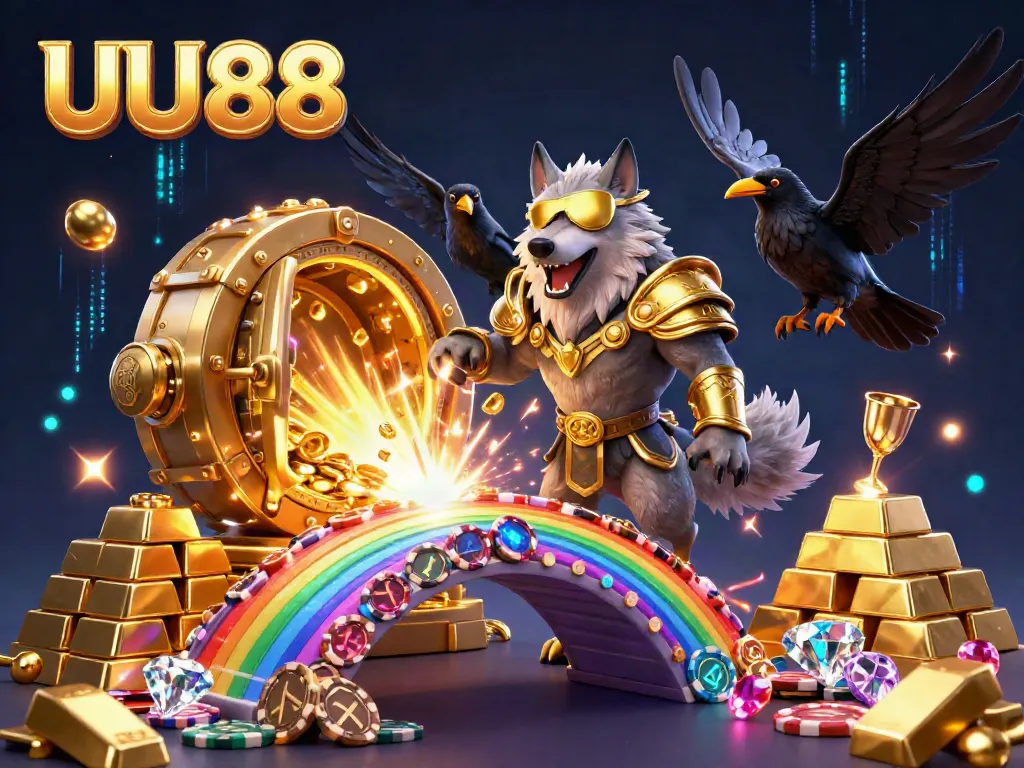 UU88 brings excitement with a vibrant 3D casino scene showcasing mythical elements and gaming treasures.