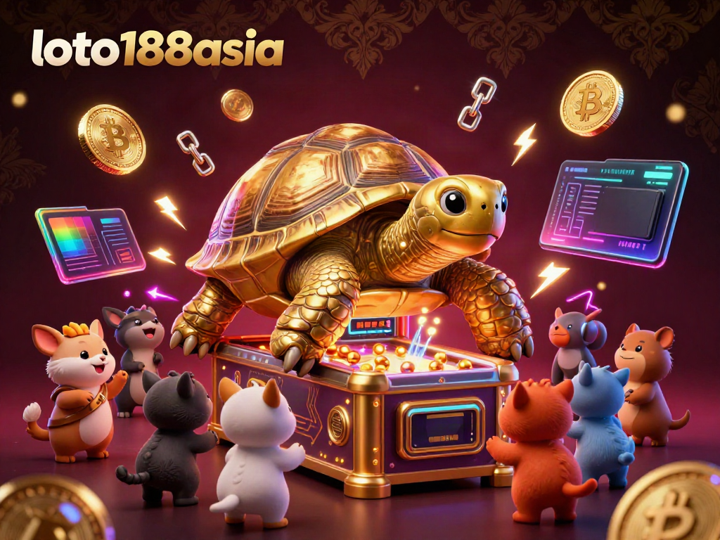 Experience the fun with loto188asia as excited animals play on a golden tortoise pinball machine amidst crypto elements.