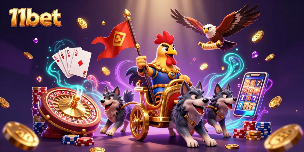 Engage with thrilling games at 11bet Casino featuring a golden war chariot and dynamic casino elements.