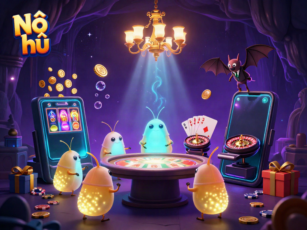 Experience Nổ hũ action with vibrant glowworms lighting a dynamic casino scene.