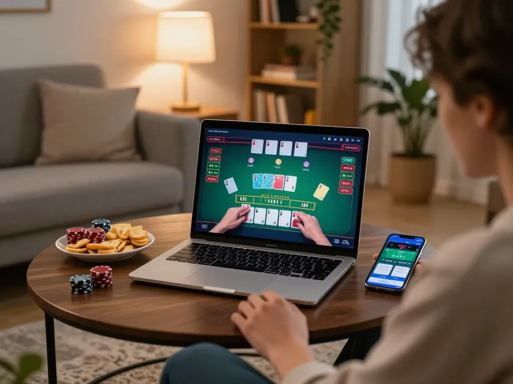sunhouseofficial player enjoying an online blackjack game at home, showcasing a cozy setup with snacks and laptop