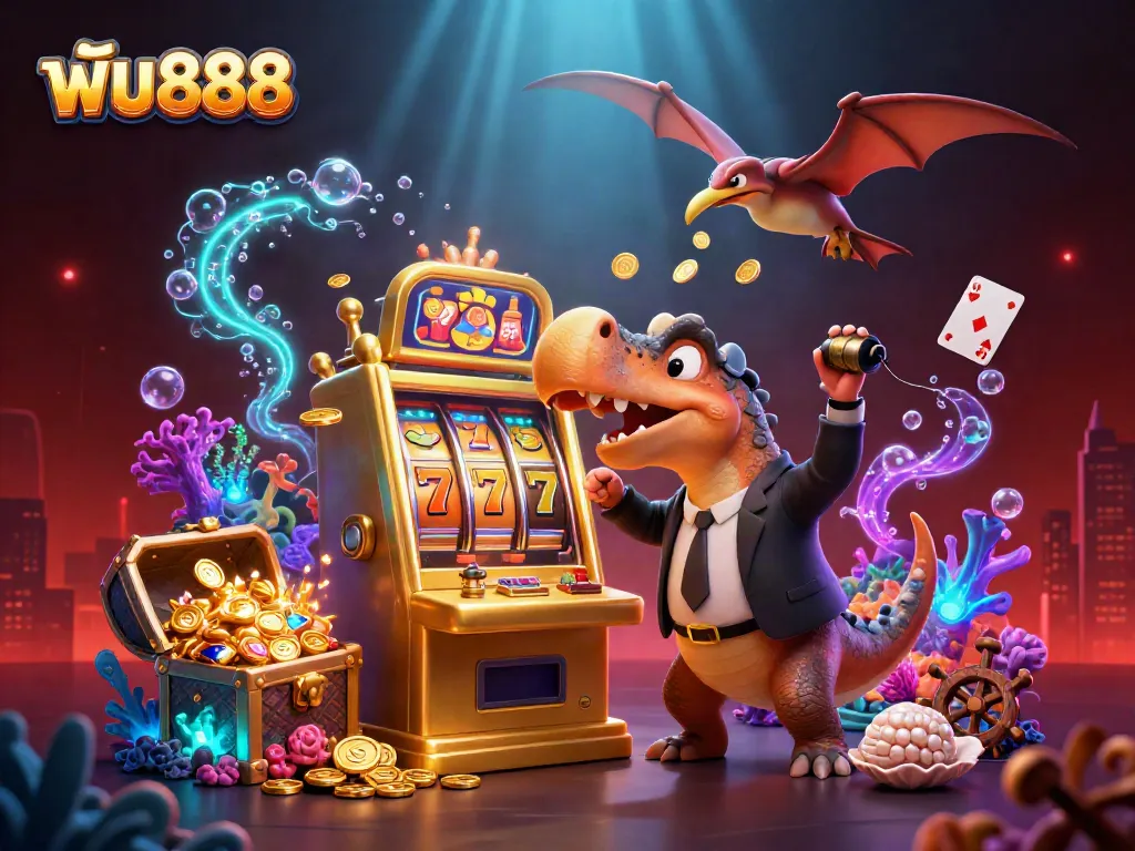 ฟัน888 jackpots and prizes burst forth in a vibrant 3D casino scene with dinosaurs and rich colors.