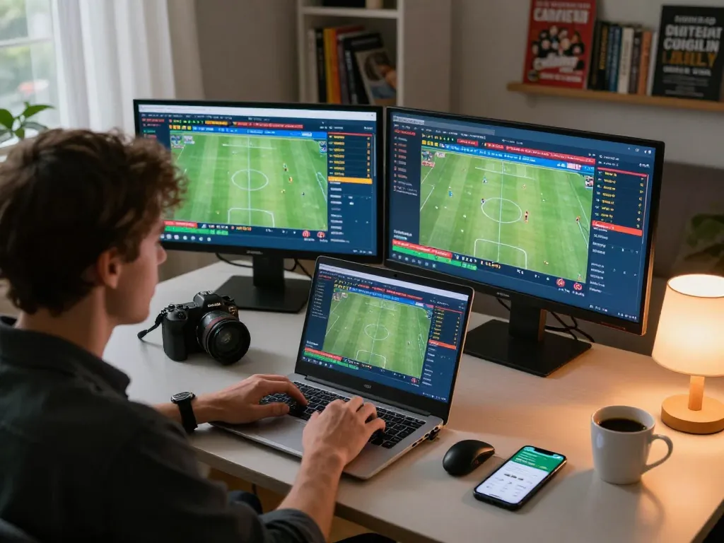 Person engaging in live sports betting on laptop with tylekeonhacai88, showcasing modern home environment