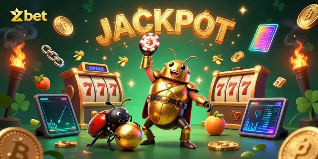 Win big at Zbet with a victorious beetle and thrilling casino elements in this vibrant illustration.