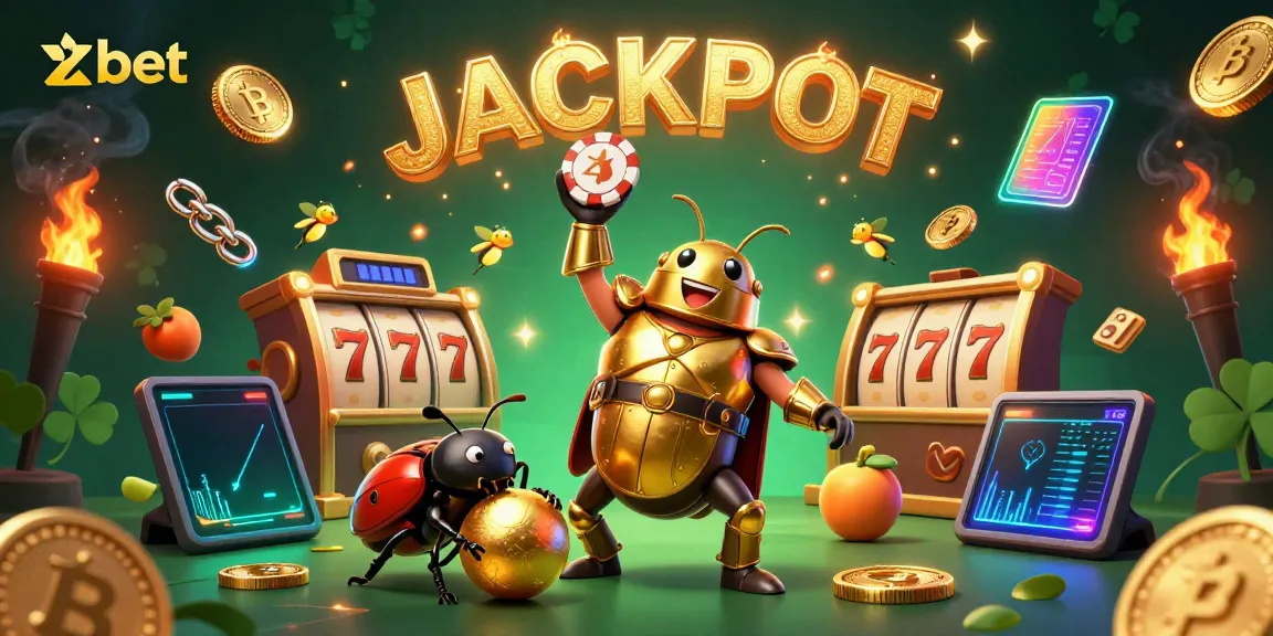 Win big at Zbet with a victorious beetle and thrilling casino elements in this vibrant illustration.