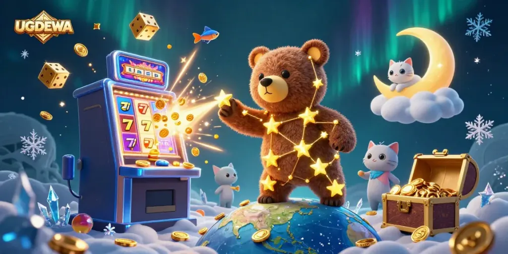Experience thrilling jackpots with UGDEWA as a constellation bear celebrates wins in a vibrant casino scene.