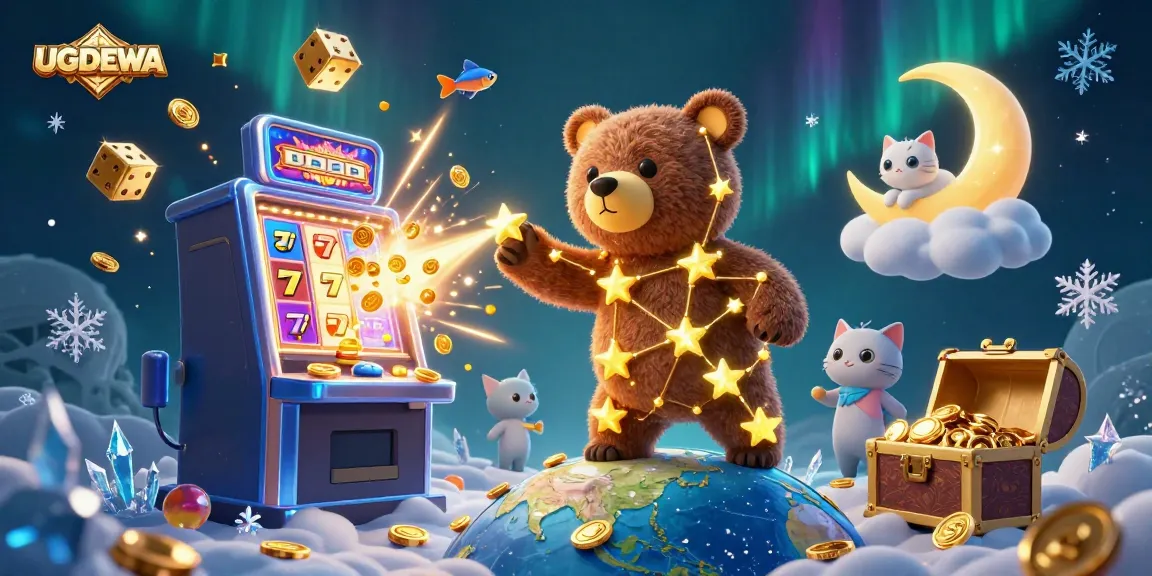 Experience thrilling jackpots with UGDEWA as a constellation bear celebrates wins in a vibrant casino scene.