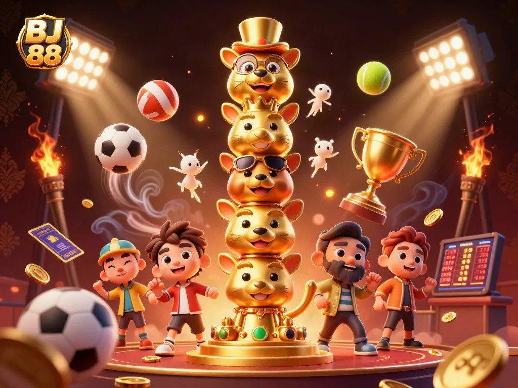 BJ 88 showcases dynamic betting with a vibrant totem pole and sports elements filling the scene.