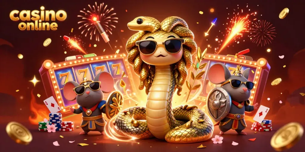 Juega en casino online con Medusa y un ratón guerrero rodeados de tragamonedas y cartas.
