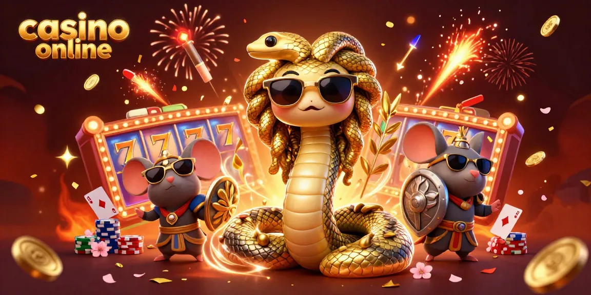 Juega en casino online con Medusa y un ratón guerrero rodeados de tragamonedas y cartas.