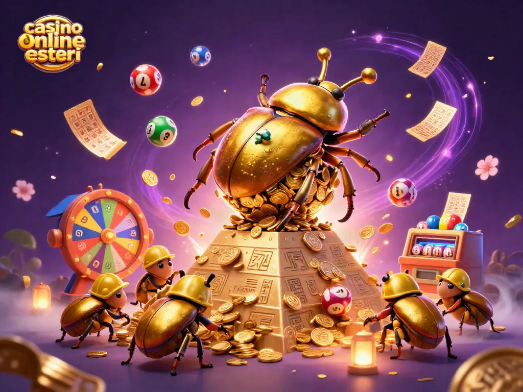 Giocando nei casinò online esteri: simboli e premi in un'illustrazione dallo stile vivace e casinò.