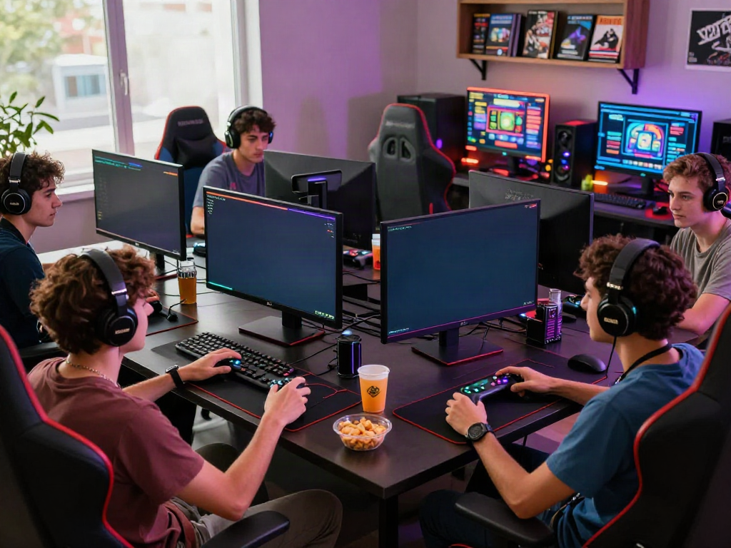 Friends enjoying bro138 slot games at a vibrant gaming setup with snacks and colorful lights.