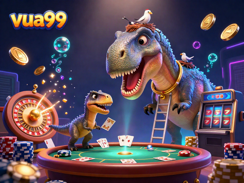 Experience the vibrant gaming adventure at vua99 with a giant brontosaurus helping a clever raptor deal cards.