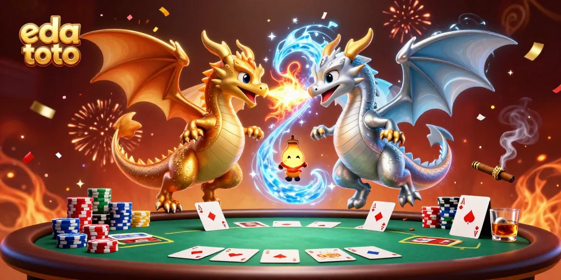 Experience thrilling games at eda toto with a dramatic scene featuring twin dragons and poker elements.