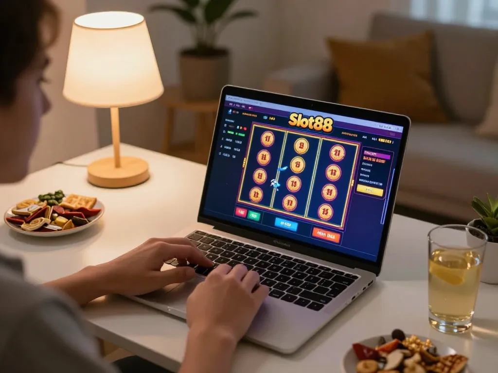 Engaging with Slot88 online slots, player at home enjoying vibrant gaming interface.