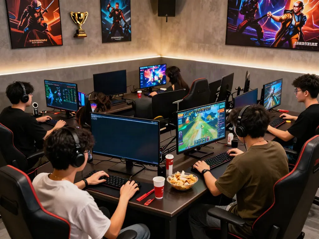 The lively gaming experience at Manclub showcases men engaged in competitive online gaming with modern tech and vibrant graphics.