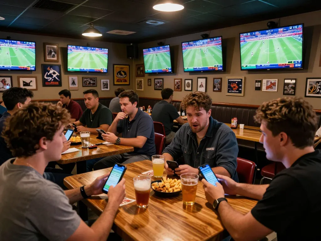 Kèo nhà cái action with sports fans placing bets on mobile apps in a lively sports bar setting.