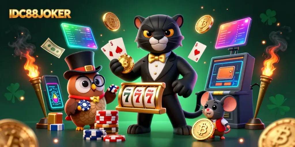 Experience the excitement of IDC88JOKER with a stylish panther and lucky friends at the slot reels!