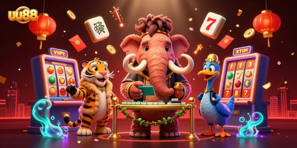 Experience thrilling gameplay at uu88 with vivid casino characters amidst floating jackpots and festive decor.