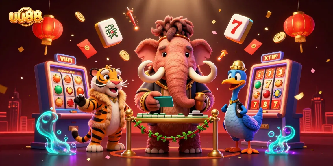 Experience thrilling gameplay at uu88 with vivid casino characters amidst floating jackpots and festive decor.