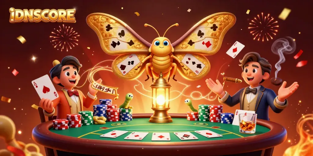 Engage in thrilling gameplay with IDNSCORE, featuring a vibrant casino scene and golden moth symbols.