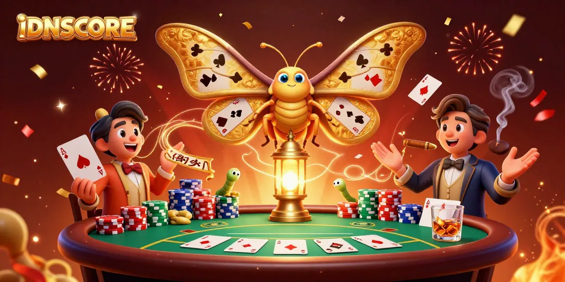 Engage in thrilling gameplay with IDNSCORE, featuring a vibrant casino scene and golden moth symbols.