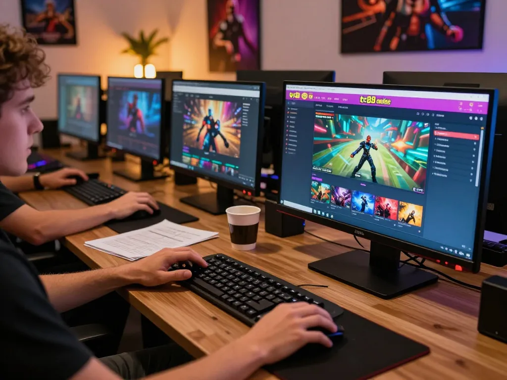 Player engaging with tr88 online casino interface at a stylish gaming setup.