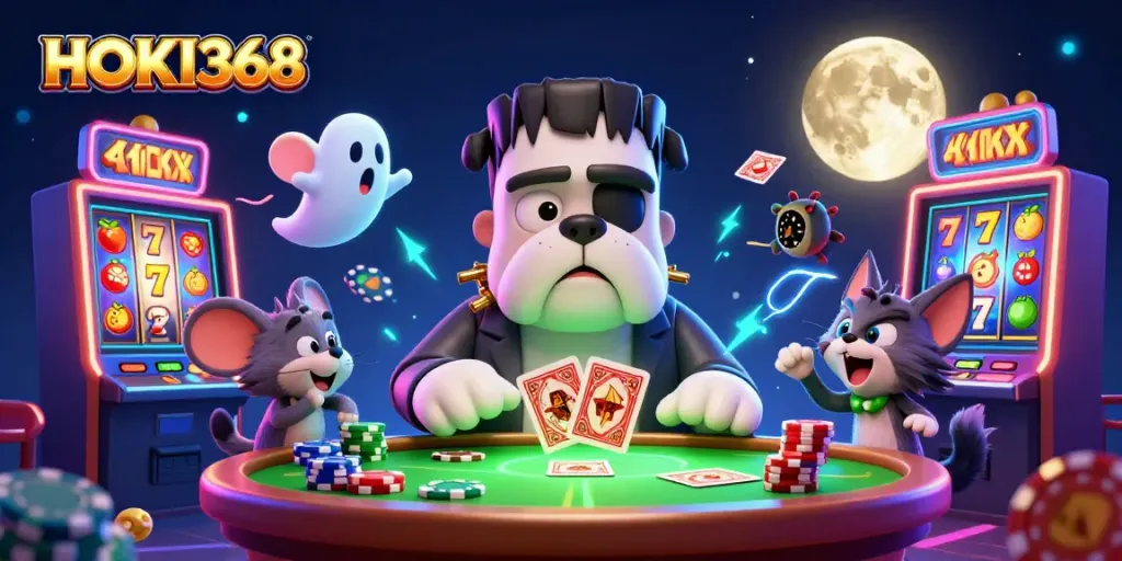 Experience high-stakes excitement at HOKI368 with a playful scene of card dealing and vibrant slot machines.