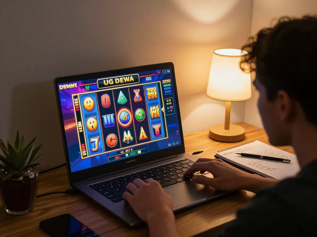 Engaging in fast-paced slot games on UG DEWA platform, colorful reels and spinning symbols.