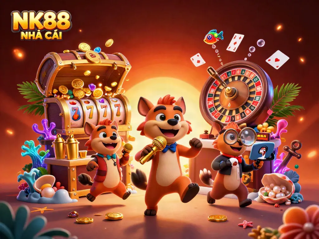Experience the fun at NK88 NHÀ CÁI with hyena characters in a vibrant casino scene full of games and excitement.