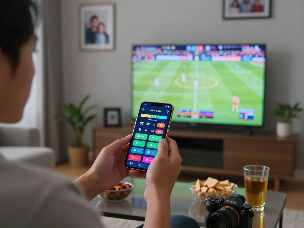Engaging scene of placing bets on a mobile device at home, showcasing agen judi bola and strategic betting.