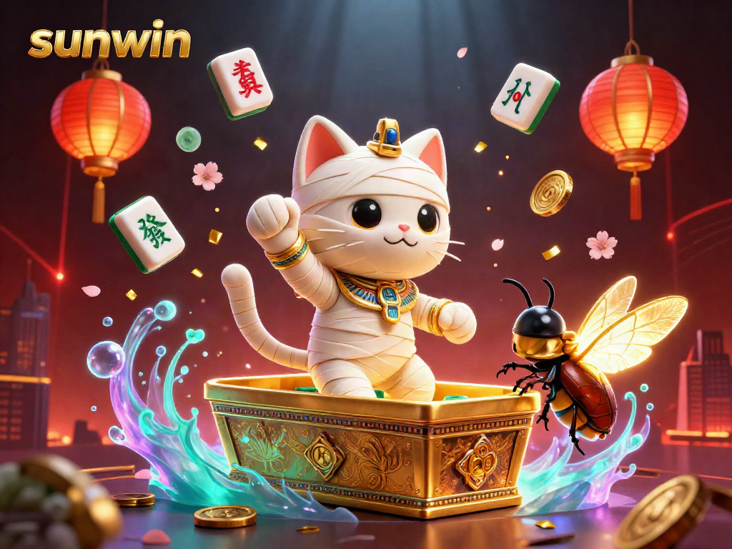Experience the thrilling excitement of sunwin with an Egyptian mummy cat and lucky symbols in a vibrant casino atmosphere.