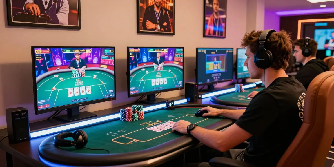 Situs Poker Online Resmi Domino88 player engaged in an exciting online poker game setup with vibrant displays and gaming accessories.